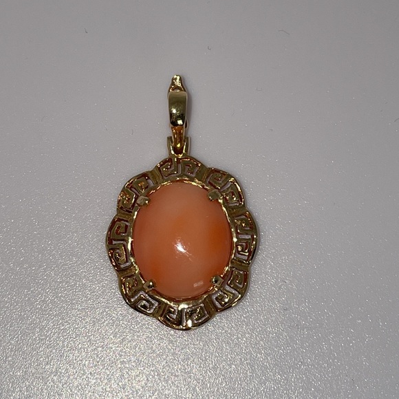 Solid 14K Yellow Gold Salmon Coral Greek Key Pendant Charm for Necklace Vintage